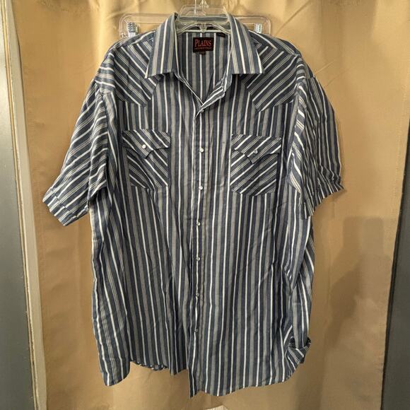 Plains Western Wear Men’s XXL Tall Short Sleeve Shirt Blue White Stripe Snap - Picture 1 of 3